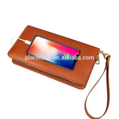 Custom Women Lady Leather Power Bank Wallet with Charging Cable Clutch Chains