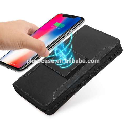 Leather Wireless Charging Travel Wallet with Power Bank Phone Holder